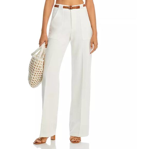 AQUA BLOOMINGDALES NWOT Twill Porkchop Pocket Hi-Rise Wide Leg Trousers S Ivory - Picture 1 of 9